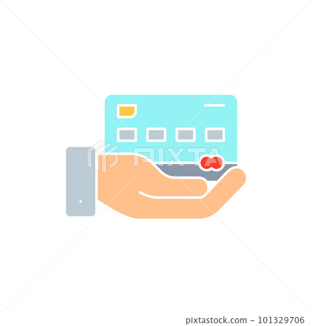 Hand holding credit card, payment with card, NFC payment white outline icon. Shopping, online banking, finance symbol design. 101329706