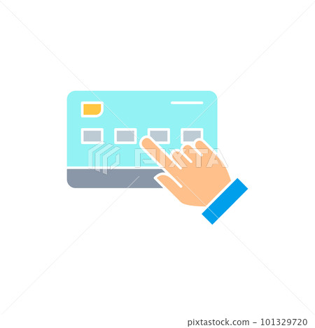 Finger click on the credit card, choice of debit card for payment white outline icon. Shopping, online banking, finance symbol design. Finger click on the credit card, choice of debit card for payment white outline icon. Shopping, online banking, finance symbol design. 101329720
