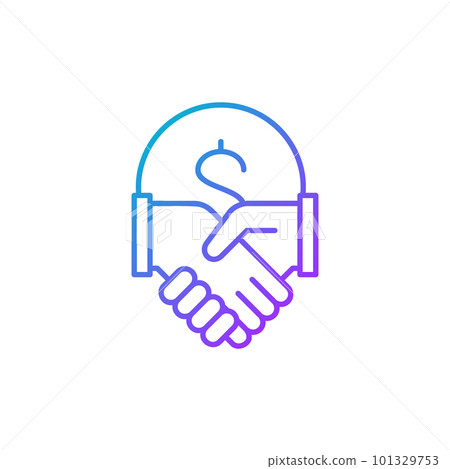 Coin with handshake, contract agreement, partnership, teamwork gradient lineal icon. Finance, payment, invest finance symbol design. Coin with handshake, contract agreement, partnership, teamwork gradient lineal icon. Finance, payment, invest finance symbol design. 101329753