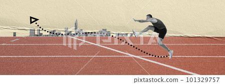 Sportive young man, athlete, runner at stadium, training reaching goal in sport. Speed and endurance. Contemporary art collage. Sportive young man, athlete, runner at stadium, training reaching goal in sport. Speed and endurance. Contemporary art collage. 101329757