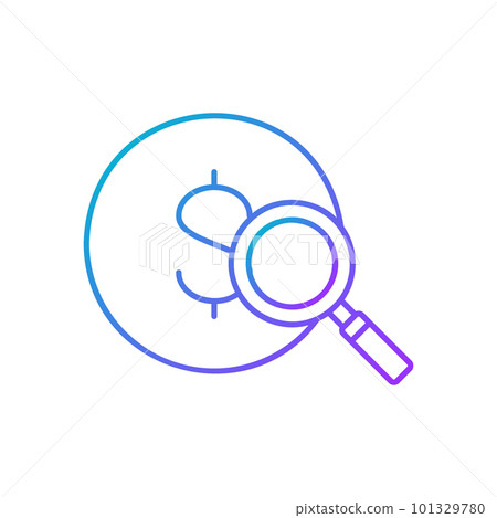 Magnifying glass with coin, money finder, money search, coin and loupe gradient lineal icon. Finance, payment, invest finance symbol design. 101329780