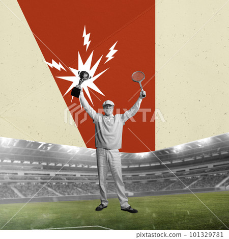 Stylish senior man, tennis playing standing with trophy and tennis racket at open air stadium. Winning game. Contemporary art collage. 101329781