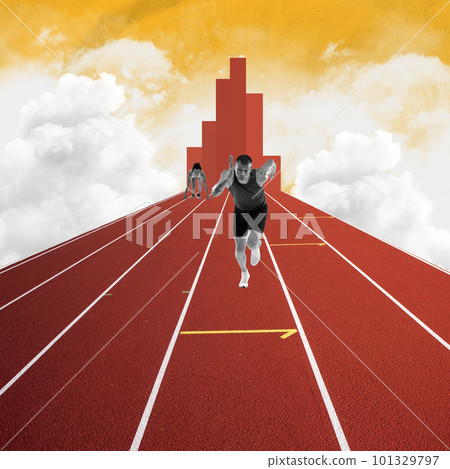 Competitive young man and woman running at stadium during marathon over abstract background. Championship. Contemporary art collage. Competitive young man and woman running at stadium during marathon over abstract background. Championship. Contemporary art collage. 101329797