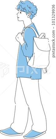 A man with a profile walking with a backpack on his back | Full body, blue color scheme 101329936
