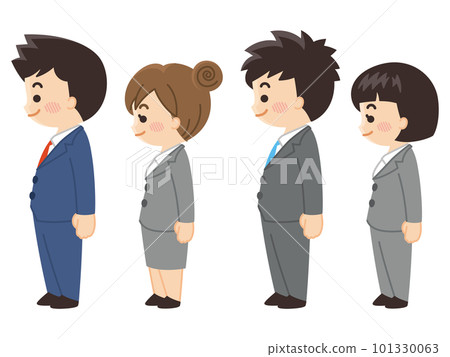 A man and a woman in suits standing facing each other, business people 101330063