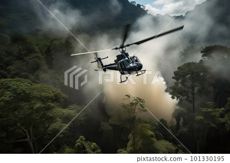 helicopter flying over dense jungle with smoke Stock