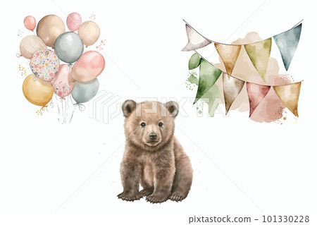 Set of bear, balloons, festive garlands in 3d style. Isolated vector illustration 101330228