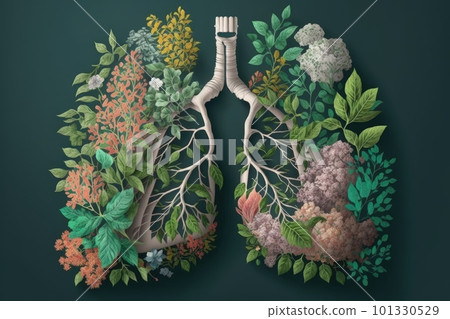 person's lungs, filled with blooming flowers and other greenery, representing a person's journey of recovery from illness, created with generative ai 101330529