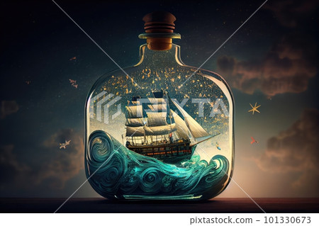 ship model floating in mysterious bottle with swirling clouds and stars, created with generative ai 101330673