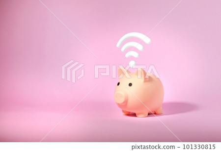 Piggy bank wifi icon isolated on pink background. Saving money concept. 101330815
