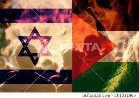 Israel Palestine war. Concept of crisis of war and political conflicts between nations. Flags. Fire, flames. Cracked stone background. Protests demonstration. Out of focus 101331660