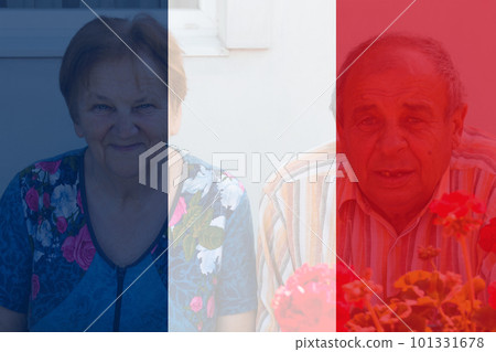 Protests France Paris. France flag. Protest in France. Pension reforms. Retirement age. Bastille day. Old 60s woman and man. Out of focus 101331678