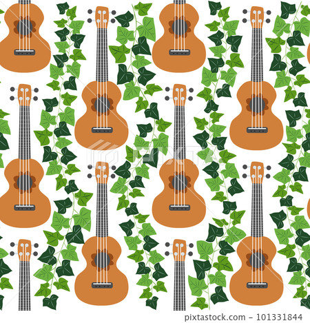 Ukulele seamless pattern, ukulele. Pattern with monstera, leaves, flowers, notes, inscriptions 101331844