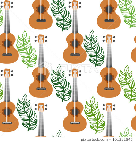 Ukulele seamless pattern, ukulele. Pattern with monstera, leaves, flowers, notes, inscriptions 101331845