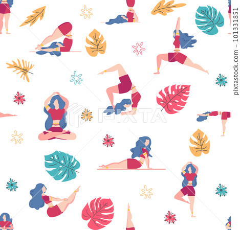 Yoga seamless pattern woman is engaged. Yoga poses, lotus, monstera. Health of mind and body 101331851