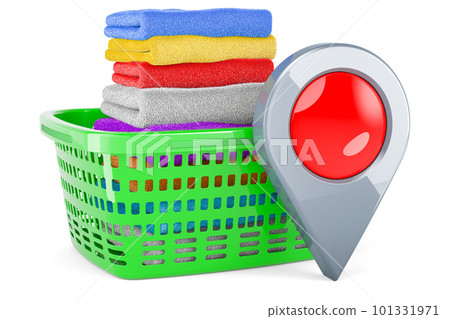 Laundry basket full of clean clothes with map pointer, 3D rendering 101331971