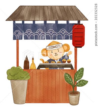 Japanese takoyaki shop with monkey wildlife animals . Realistic watercolor paint with paper textured . Cartoon character design . Vector . Japanese takoyaki shop with monkey wildlife animals . Realistic watercolor paint with paper textured . Cartoon character design . Vector . 101332328