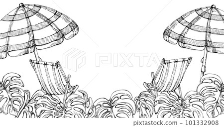 Hand drawn vector ink composition. Striped beach umbrellas, chairs and monstera leaves border. Isolated on white background. Wall art, wedding, print, fabric, cover, card, tourism, travel booklet. Hand drawn vector ink composition. Striped beach umbrellas, chairs and monstera leaves border. Isolated on white background. Wall art, wedding, print, fabric, cover, card, tourism, travel booklet. 101332908