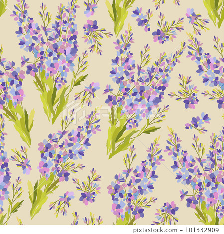 Vector seamless floral pattern with blue flowers and green leaves on light beige background. Delphinium. Soft pastel ornament. Vector seamless floral pattern with blue flowers and green leaves on light beige background. Delphinium. Soft pastel ornament. 101332909