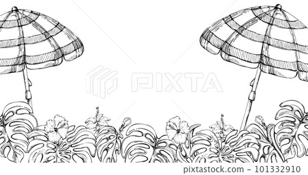 Hand drawn vector ink composition. Striped beach umbrellas, hibiscus and monstera leaves border. Isolated on white background. Wall art, wedding, print, fabric, cover, card, tourism, travel booklet. 101332910