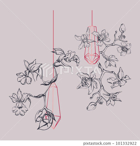 Hand drawn vector ink orchid flowers and branches, monochrome, detailed outline. Composition with crystal form. Viva magenta color. Design for wall art, wedding, print, tattoo, cover, card. 101332922