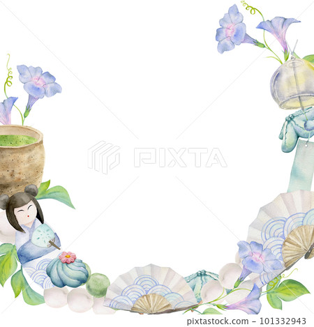 Watercolor hand drawn traditional Japanese sweets. Wreath of summer wagashi, flowers, objects. Isolated on white background. Design for invitations, restaurant menu, greeting cards, print, textile 101332943