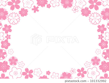Horizontal frame with flat pink geometrical sakura flowers on white background 101332992