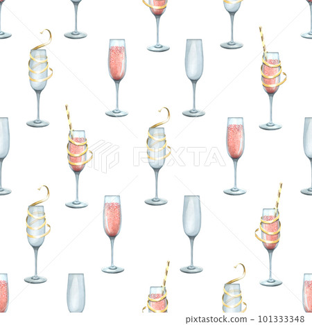 Glasses with pink champagne wine, with cocktail tubes and festive ribbons on a white background. Hand-drawn watercolor illustration. Seamless pattern for packaging, wrapping paper and congratulations 101333348