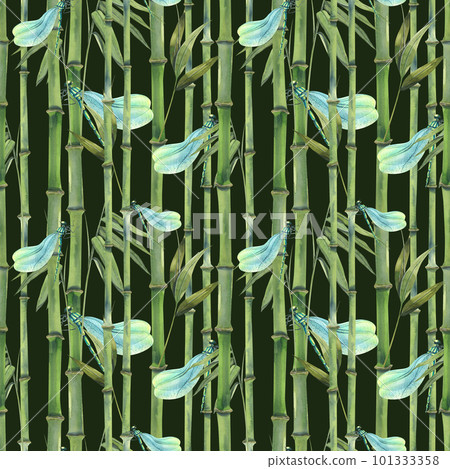 Bamboo forest with stems, leaves and branches, with blue dragonflies on a dark background. Hand-drawn watercolor illustration. Seamless pattern for fabric, textile, wallpapers, prints, packaging. 101333358
