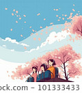 A young man leaving with a row of cherry blossom trees in the background 101333433