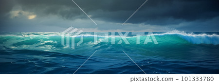 Abstract ocean waves in the storm. Ocean or sea during storm in the night. Long banner of sea waves and dark clouds on background 101333780