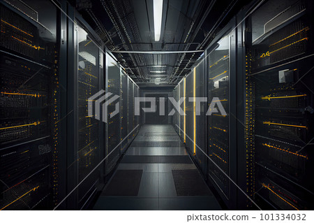 Corridor in Working Data Center Full of Rack Servers and Supercomputers with Internet connection Visualization Projection Corridor in Working Data Center Full of Rack Servers and Supercomputers with Internet connection Visualization Projection 101334032