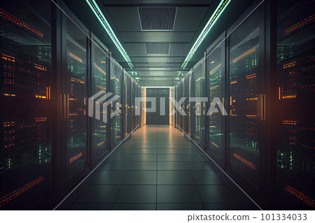Corridor in Working Data Center Full of Rack Servers and Supercomputers with Internet connection Visualization Projection Corridor in Working Data Center Full of Rack Servers and Supercomputers with Internet connection Visualization Projection 101334033