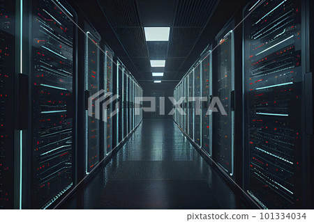 Corridor in Working Data Center Full of Rack Servers and Supercomputers with Internet connection Visualization Projection Corridor in Working Data Center Full of Rack Servers and Supercomputers with Internet connection Visualization Projection 101334034