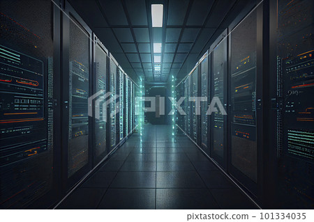 Corridor in Working Data Center Full of Rack Servers and Supercomputers with Internet connection Visualization Projection Corridor in Working Data Center Full of Rack Servers and Supercomputers with Internet connection Visualization Projection 101334035