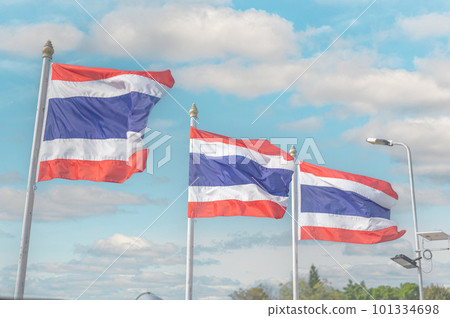 thailand flag. Image of waving three Thai flags of Thailand with blue sky background. 101334698