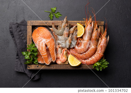 Seafood in wooden box Seafood in wooden box 101334702