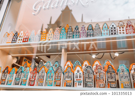 Traditional delftware of Gdansk houses in a shop window, touristic souvenirs, Poland Traditional delftware of Gdansk houses in a shop window, touristic souvenirs, Poland 101335013