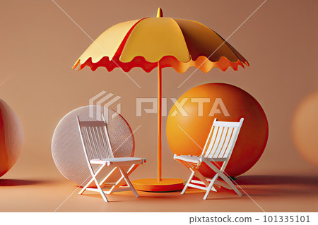 Beach umbrella with chairs and beach accessories on the bright orange background. Summer vacation 101335101