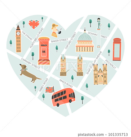 Illustrated map of London with landmarks, symbols Illustrated map of London with landmarks, symbols 101335713