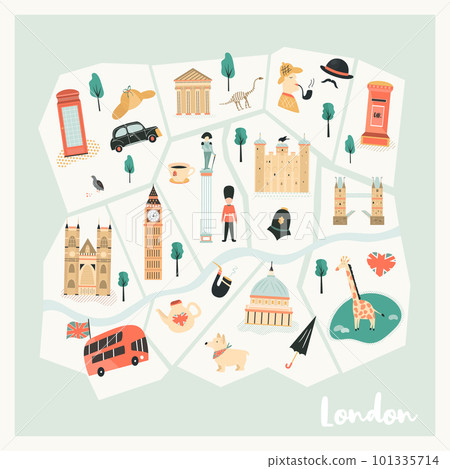 Illustrated map of London with landmarks, symbols 101335714