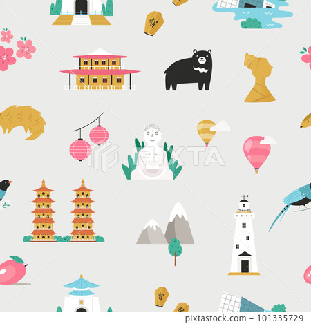 Vector seamless patterns with icons, famous symbols of Taiwan. 101335729