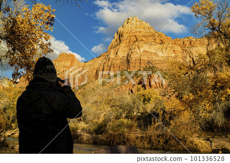 Photographer taking picture of the autumn landscape of Zion National Park 101336528