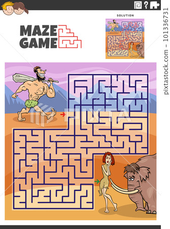 maze game with cartoon couple of cavemen characters 101336731