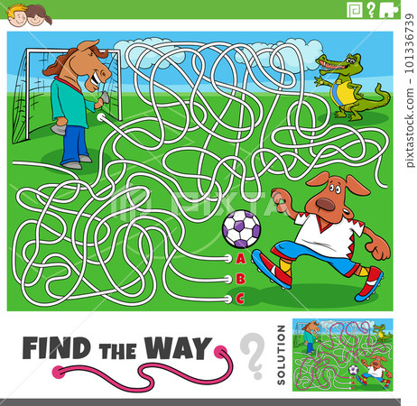 find the way maze game with cartoon animals playing soccer 101336739