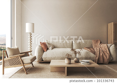 Home interior design in japanese style with large window, armchair and coffee table. Wall mockup in livingroom background. 3d rendering. High quality 3d illustration Home interior design in japanese style with large window, armchair and coffee table. Wall mockup in livingroom background. 3d rendering. High quality 3d illustration 101336743