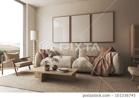Home interior design in japanese style with large window, armchair and coffee table. Wall mockup in livingroom background. 3d rendering. High quality 3d illustration Home interior design in japanese style with large window, armchair and coffee table. Wall mockup in livingroom background. 3d rendering. High quality 3d illustration 101336745
