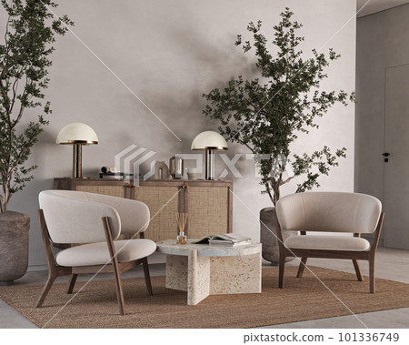 Dark living room interior with armchairs, wooden commode and mock up canvas poster. 3d rendering. High quality 3d illustration Dark living room interior with armchairs, wooden commode and mock up canvas poster. 3d rendering. High quality 3d illustration 101336749