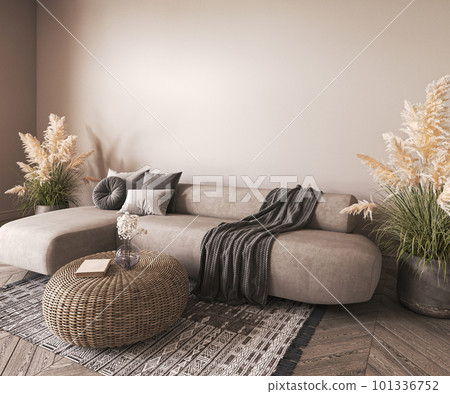Modern coastal classic interior. Design livingroom with decorative carpet, wicker coffee table and dry grass. Mockup empty wall and wooden furniture. 3d rendering. High quality 3d illustration Modern coastal classic interior. Design livingroom with decorative carpet, wicker coffee table and dry grass. Mockup empty wall and wooden furniture. 3d rendering. High quality 3d illustration 101336752