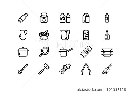 Cooking ware line icons. Kitchen utensils and accessories ketchup and mustard sauces, measuring cup pot frying pan and food containers. Vector editable stroke 101337128